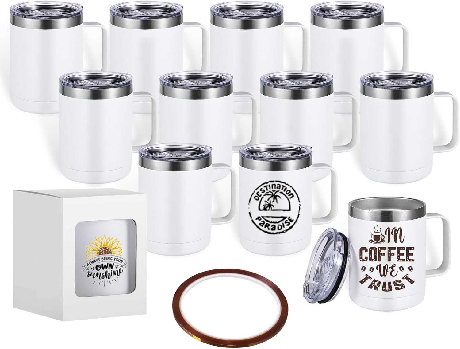 PlanetFlame 12 oz sublimation mugs with handle, 12-pack matte white